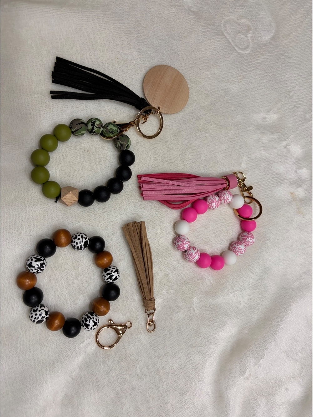 Fashionable Keychains Beads Key Ring Bracelet Rose green brown 3 pc set